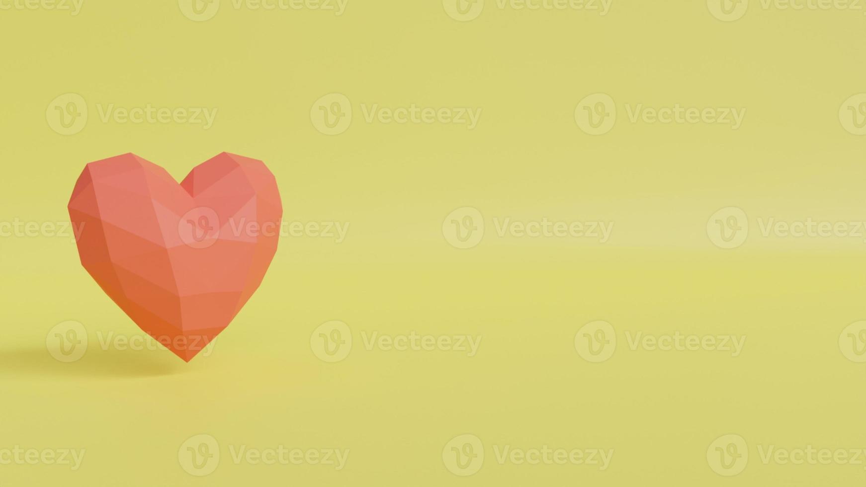 Red heart on yellow background. Copy space. 3D rendering. photo