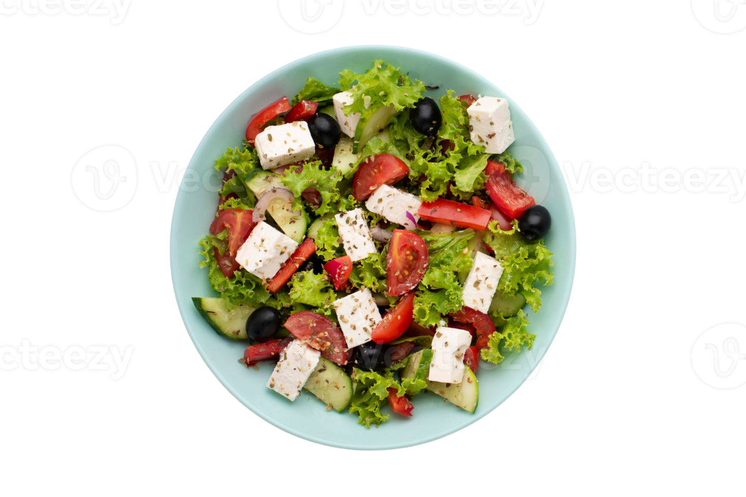 Blue bowl with fresh salad and cheese isolated on a transparent background png