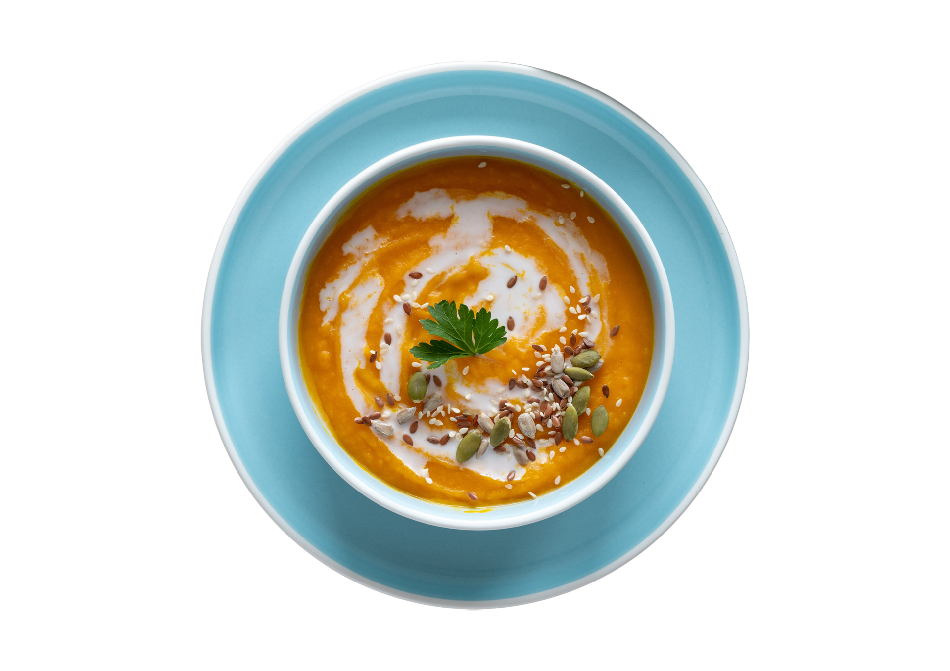 Free Blue plate and bowl with tomato soup isolated on a transparent