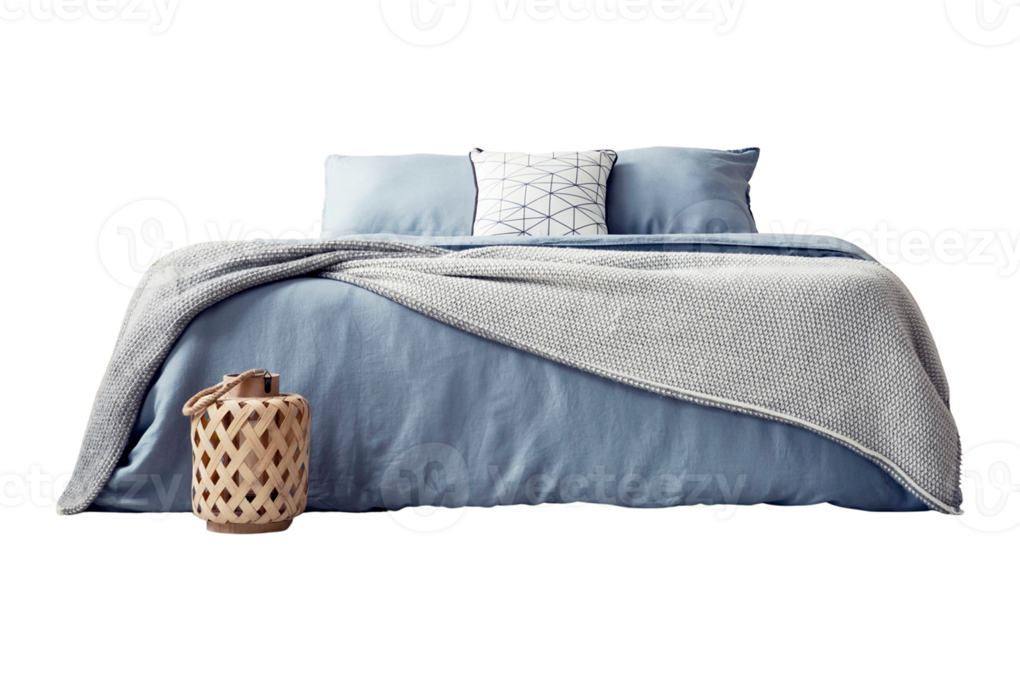 bed met blauw bed lakens, kussens en beige mand geïsoleerd Aan een transparant achtergrond png
