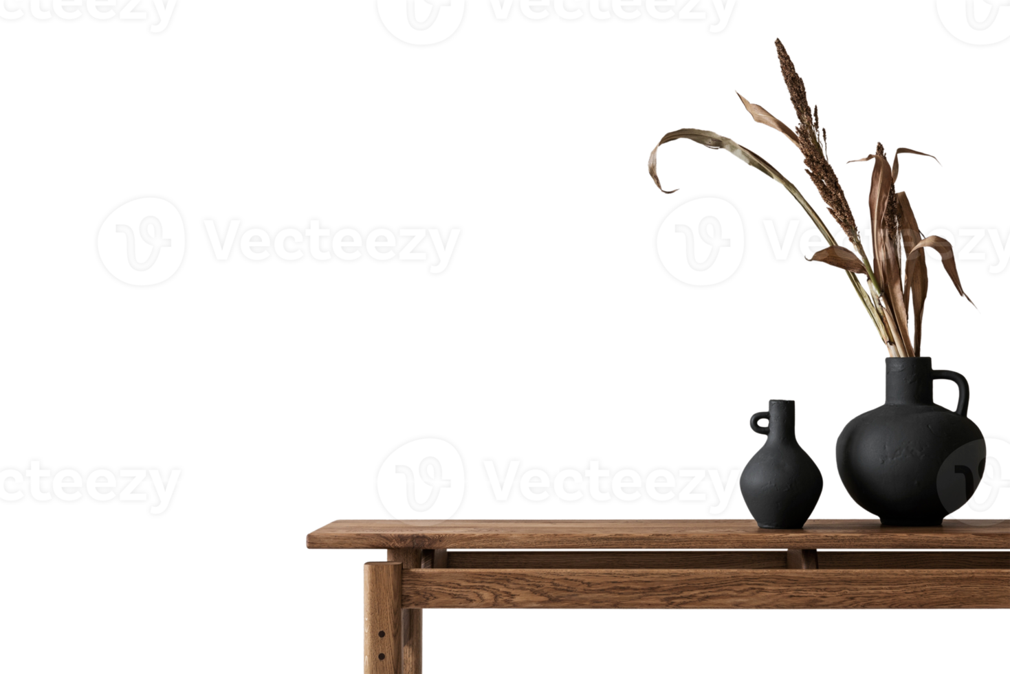 Brown wooden side table with black vases and dried leaves isolated on a transparent background png