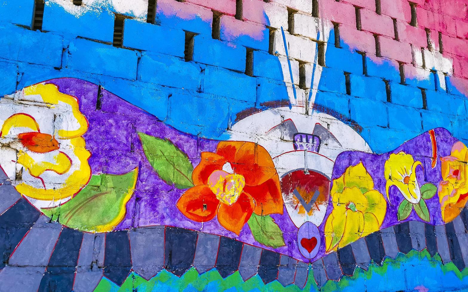 Puerto Escondido Oaxaca Mexico 2023 Wall with graffiti art drawings paintings in Puerto Escondido Mexico. photo