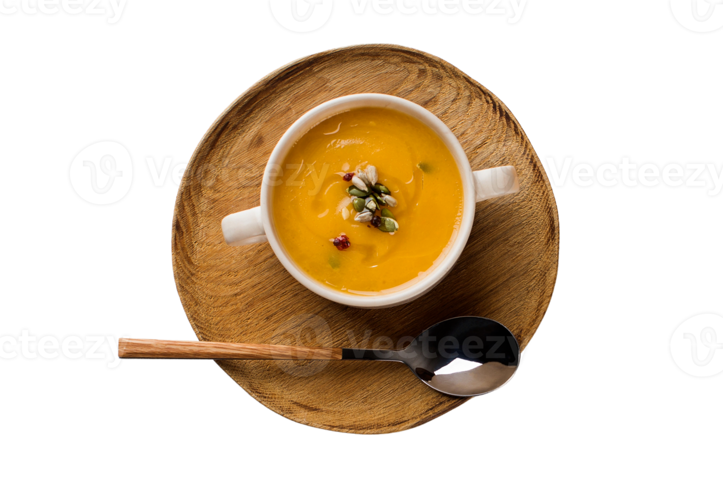 hölzern Platte, Löffel und Weiß Schüssel mit Tomate Suppe isoliert auf ein transparent Hintergrund png