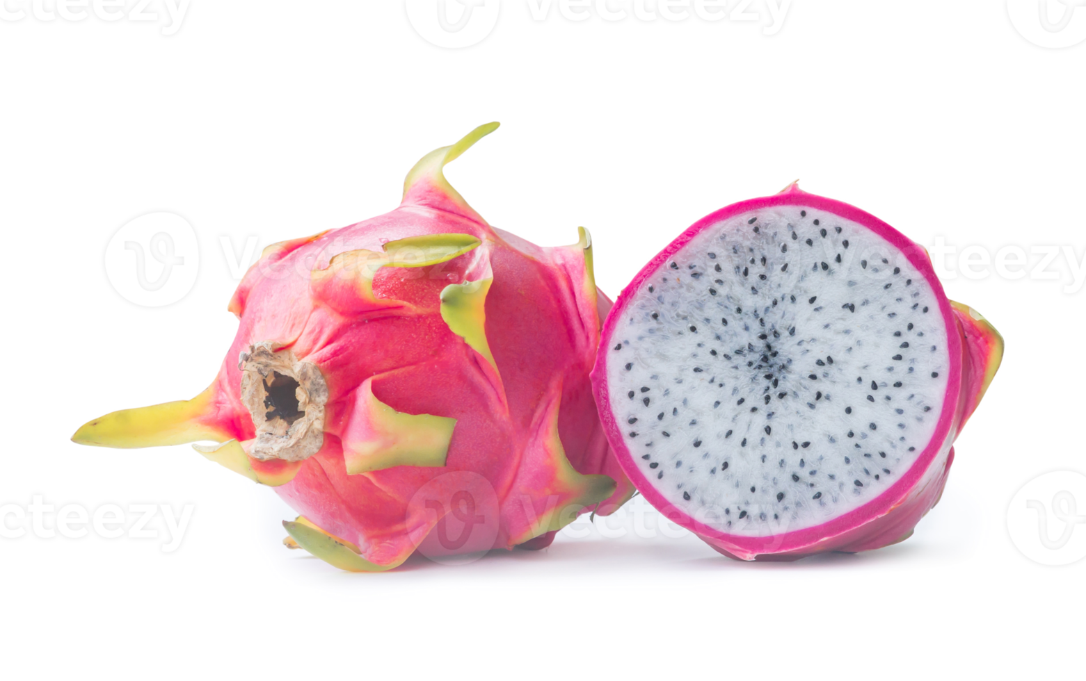 Beautiful fresh red dragon fruit with half or slice isolated with clipping path and shadow in png file format