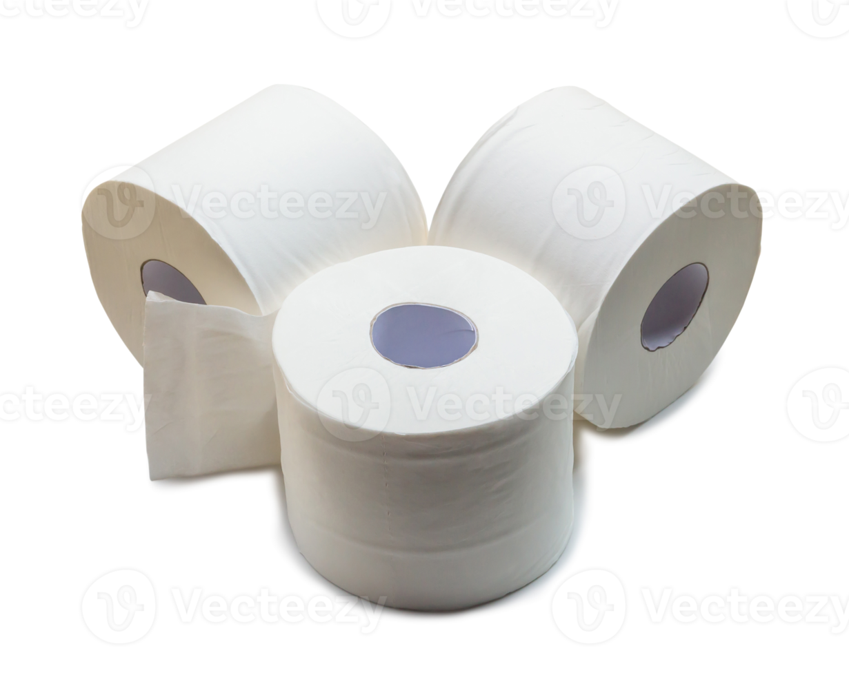 three rolls of white tissue paper or napkin in stack prepared for use in toilet or restroom are isolated with clipping path and shadow in png format