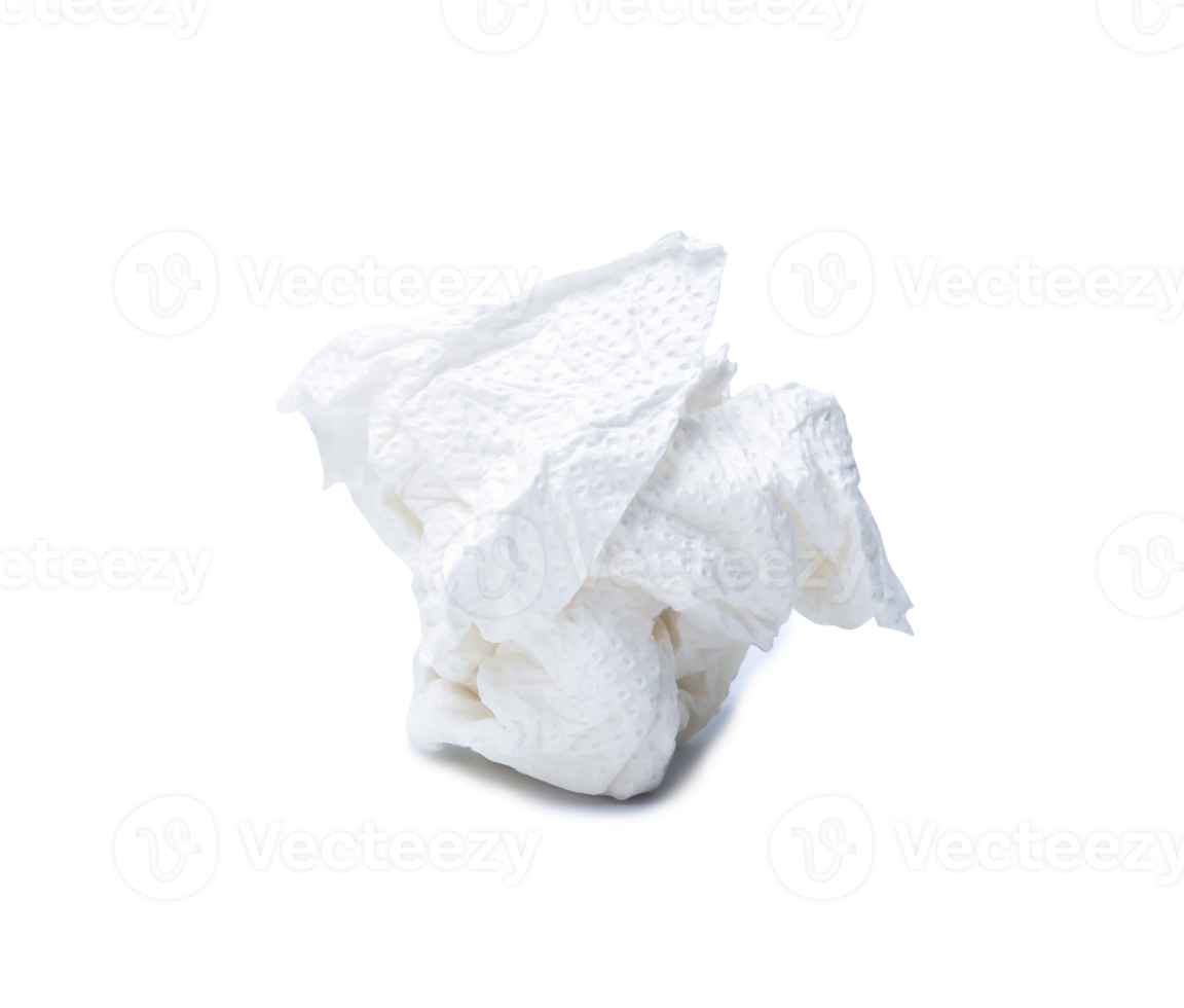 Single screwed or crumpled tissue paper or napkin in ball shape after use isolated with clipping path and shadow in png format