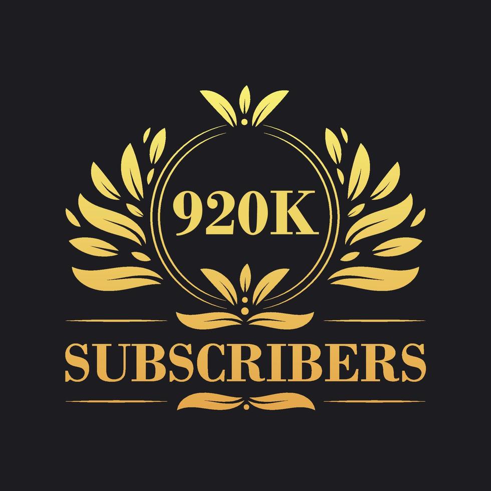 920K Subscribers celebration design. Luxurious 920K Subscribers logo for social media subscribers vector