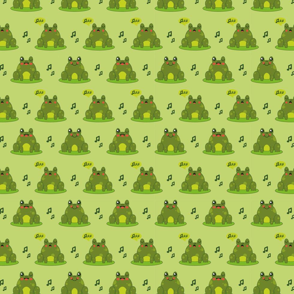 Green Pattern With Cute Singing Frogs Or Toads With Musical Notes. Vector Illustration In Flat Style