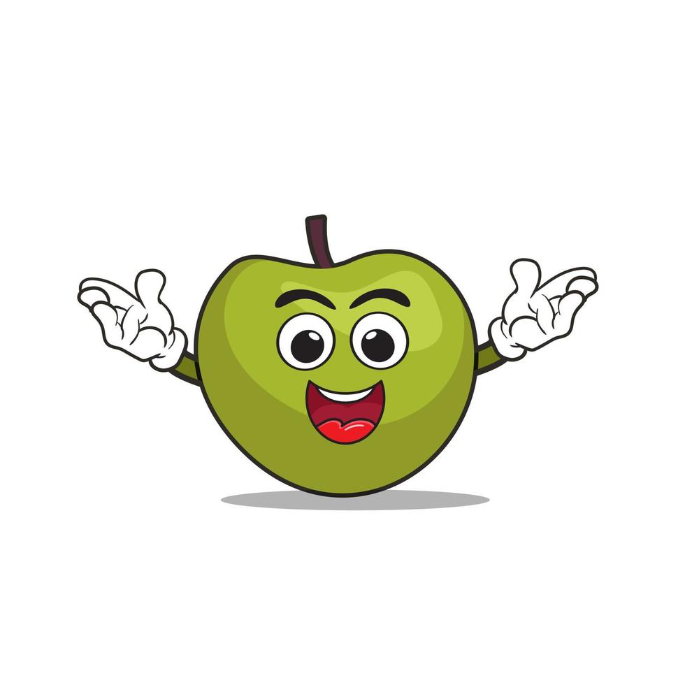 Fruta manzana dibujos animados mascota personaje con manos arriba y divertido sonrisa. vector ilustración