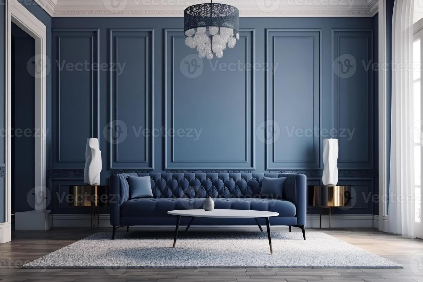 A blue couch in a living room with a blue wall behind it AI photo
