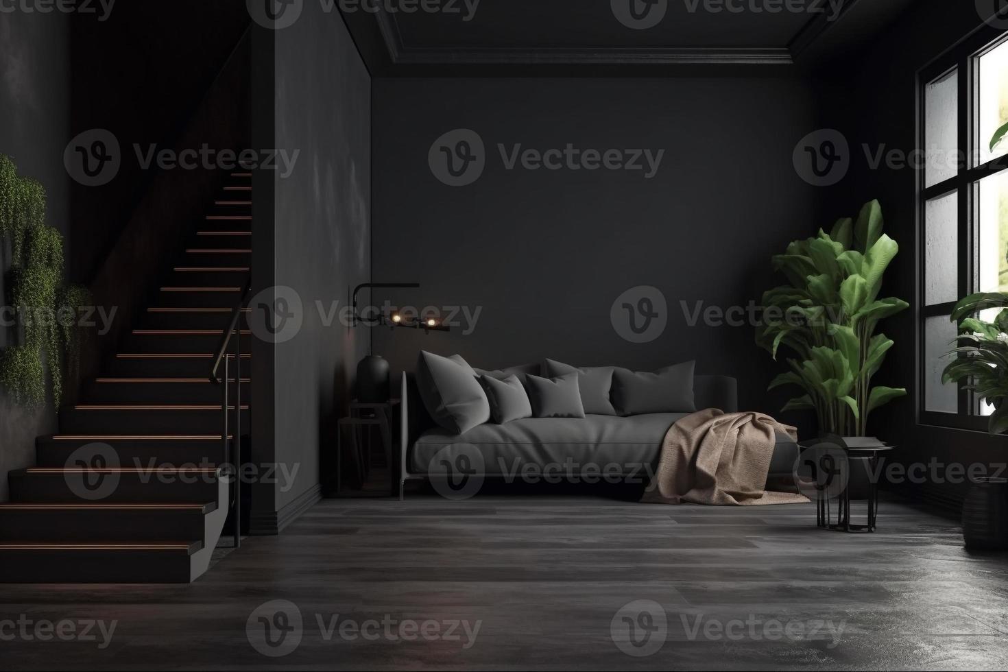 A living room with a black wall and a tv with a plant on it AI photo