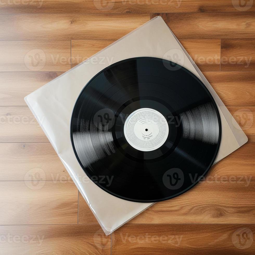 vinilo grabar en un de madera mesa. Clásico vinilo grabar en un de madera antecedentes ai foto