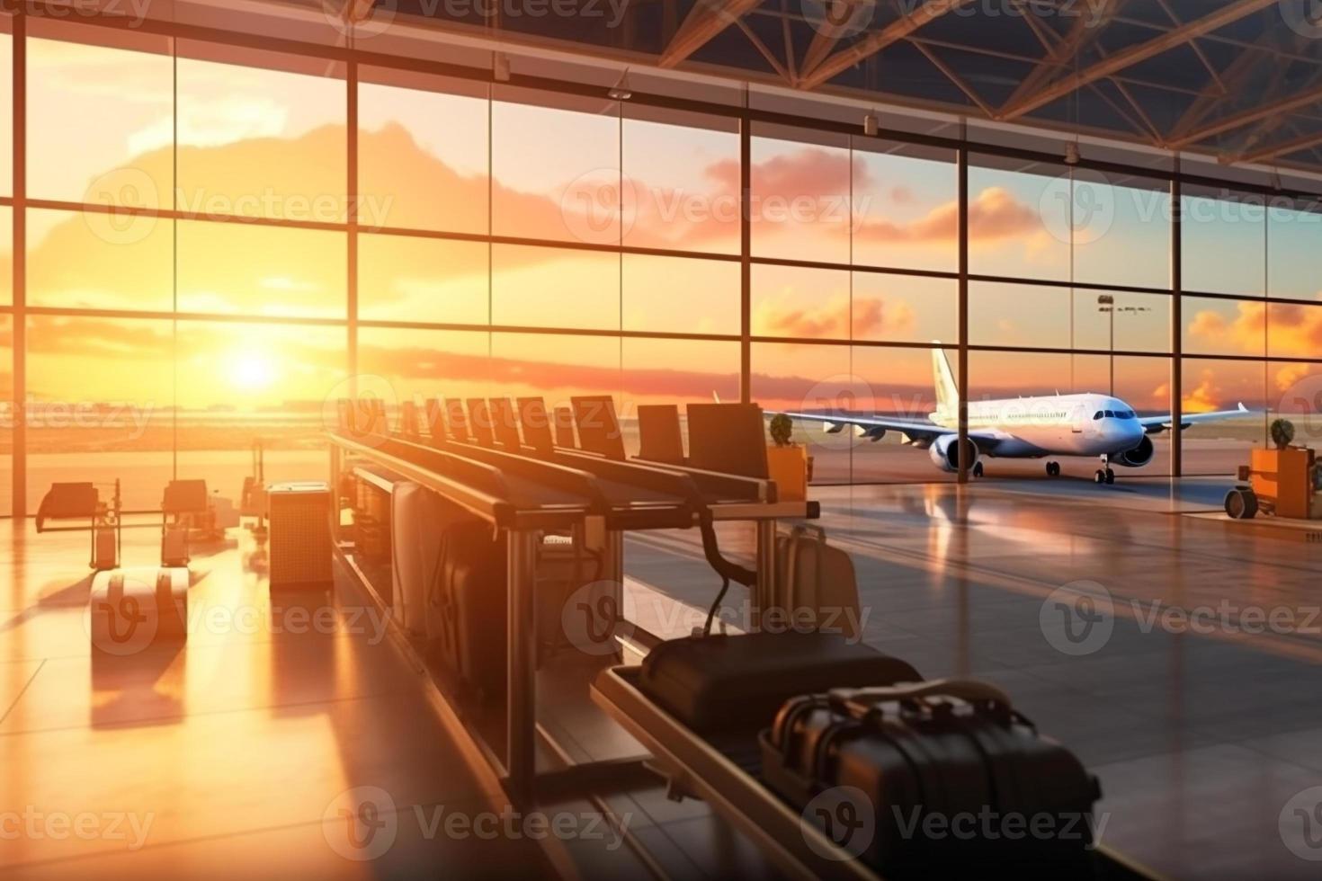 suitcase travel luggage in airport 3d render AI photo