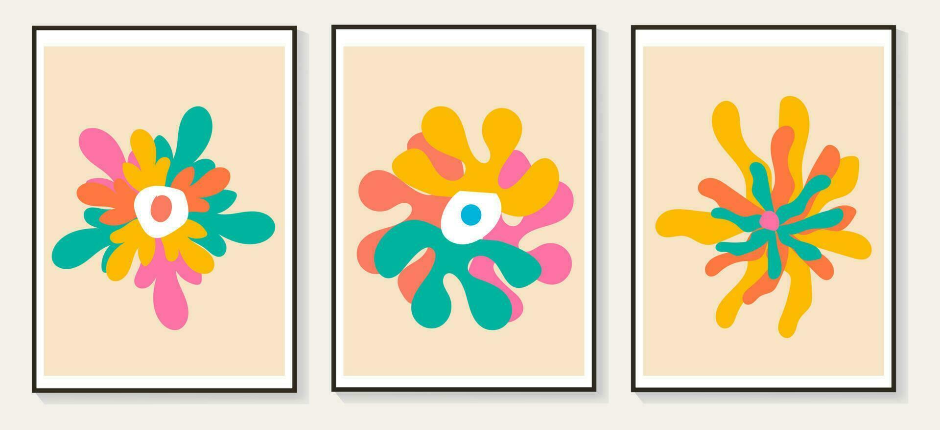 Set of abstract flower posters. Trendy botanical wall arts with floral design in danish pastel colors. Modern naive groovy funky interior decorations, paintings. Vector art illustration