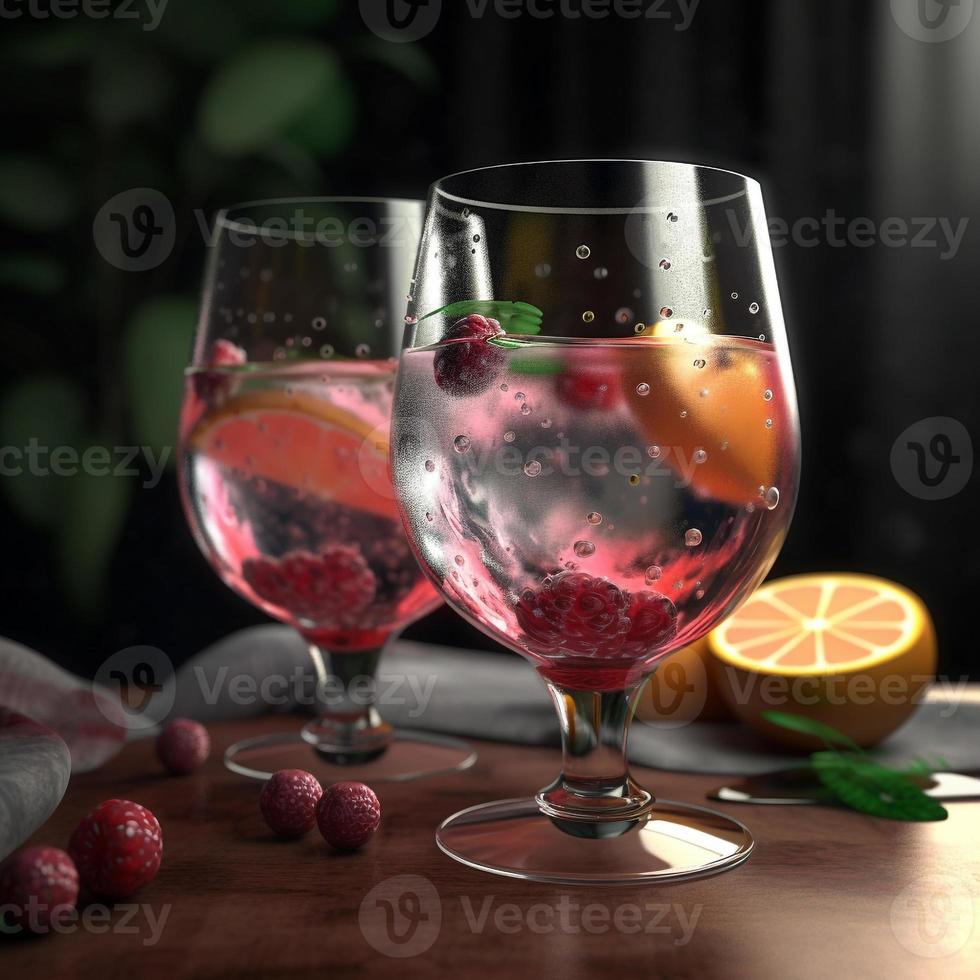 Cocktail with lemon and raspberries on a wooden background AI photo