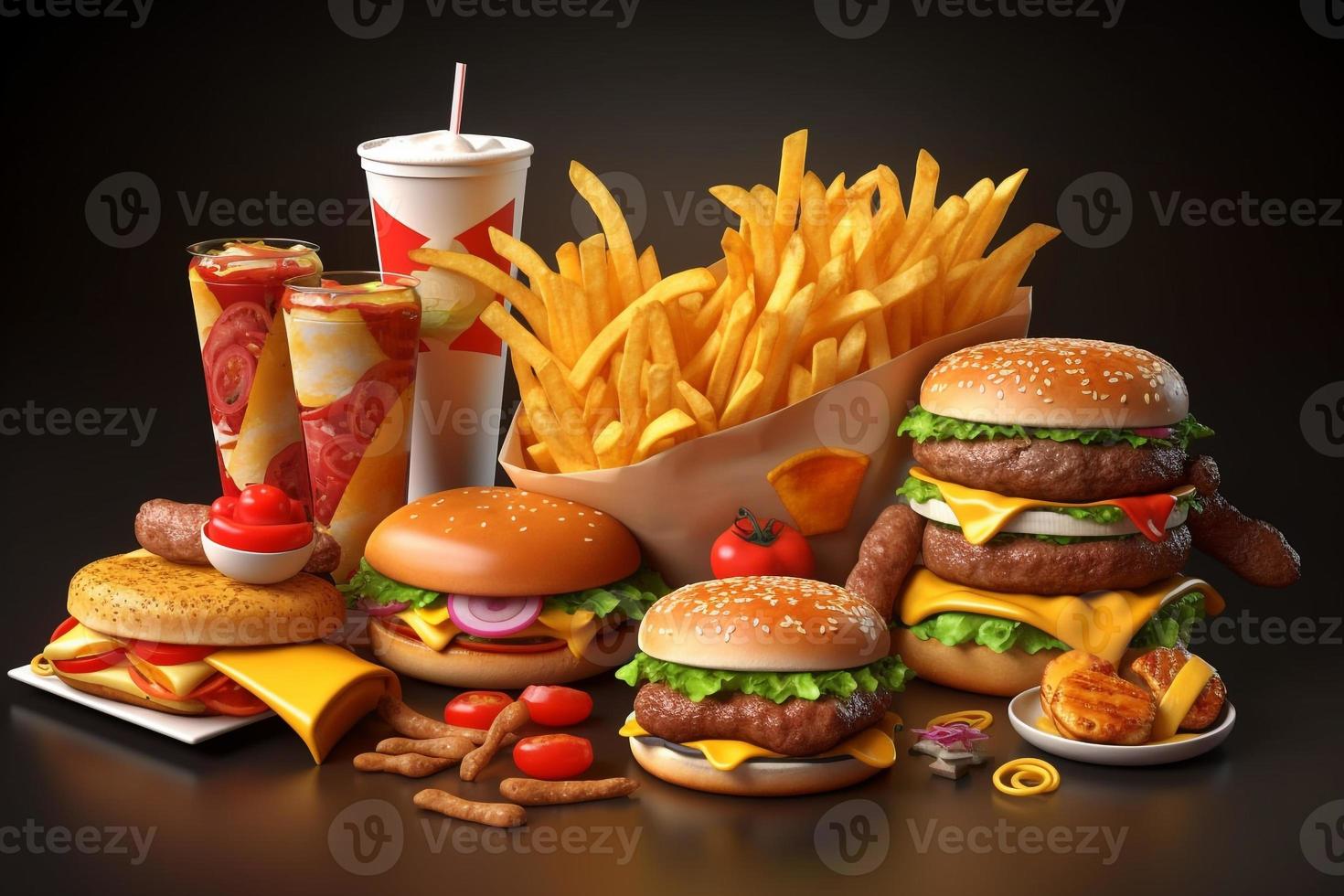 Fast food set. Hamburger, cheeseburger, cola, french fries, burger and hamburger. AI photo