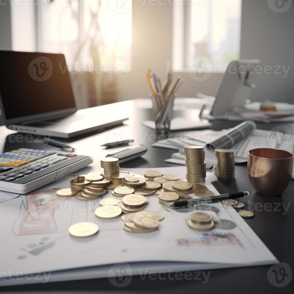 gold coins on a table office AI photo