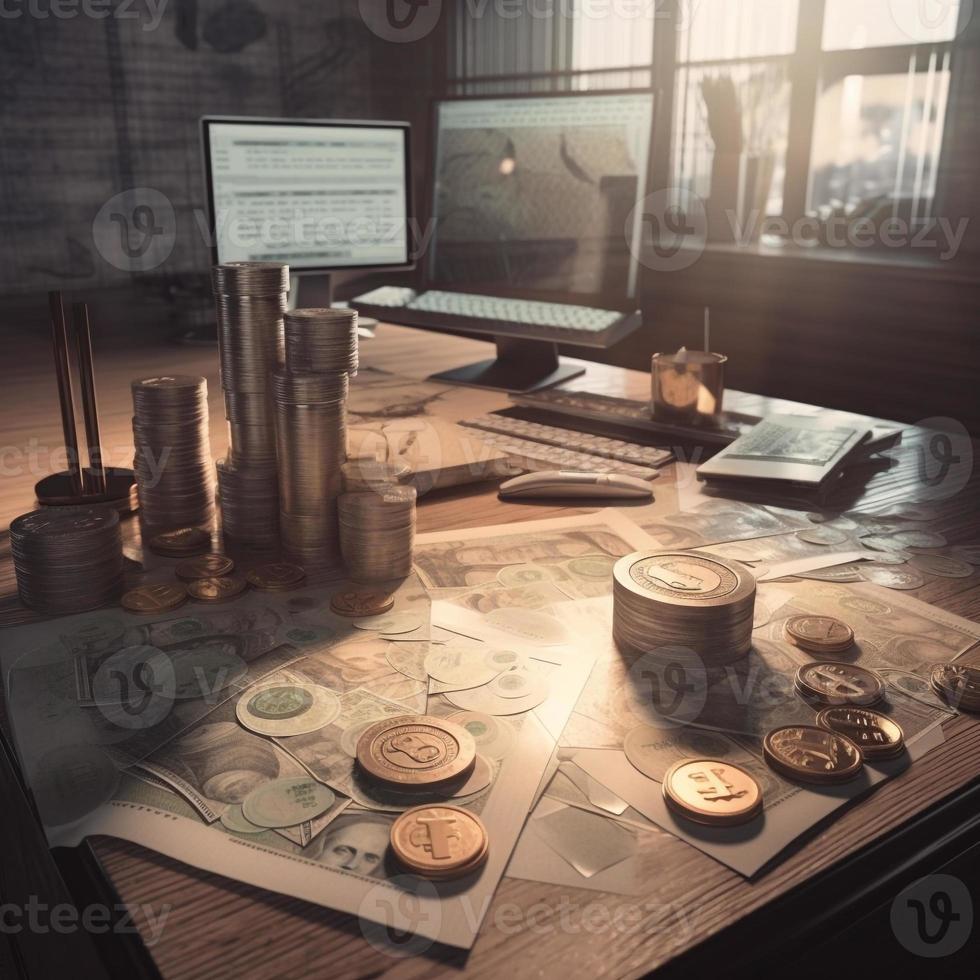 gold coins on a table office AI photo