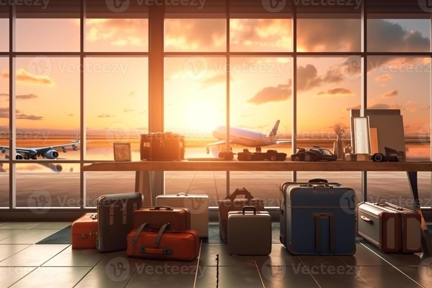 suitcase travel luggage in airport 3d render AI photo