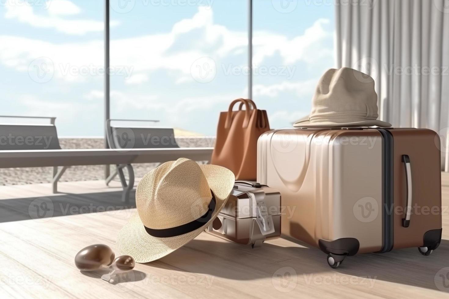 suitcase travel luggage in airport 3d render AI photo