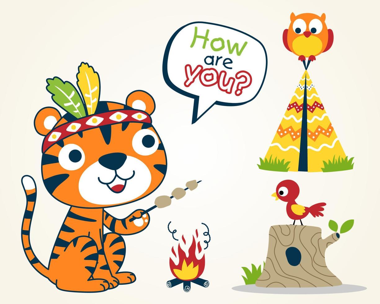 Cartoon tiger wearing feather headdress, roasting meat with it birds friends, Indian tribe elements vector
