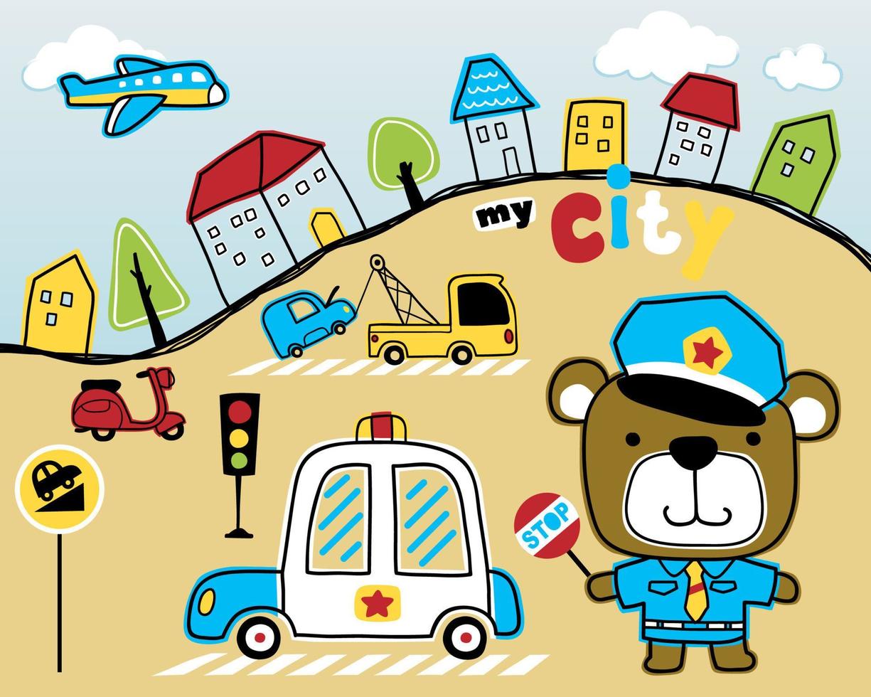 Vector illustration of hand drawn cute bear in police costume, vehicles cartoon in little town