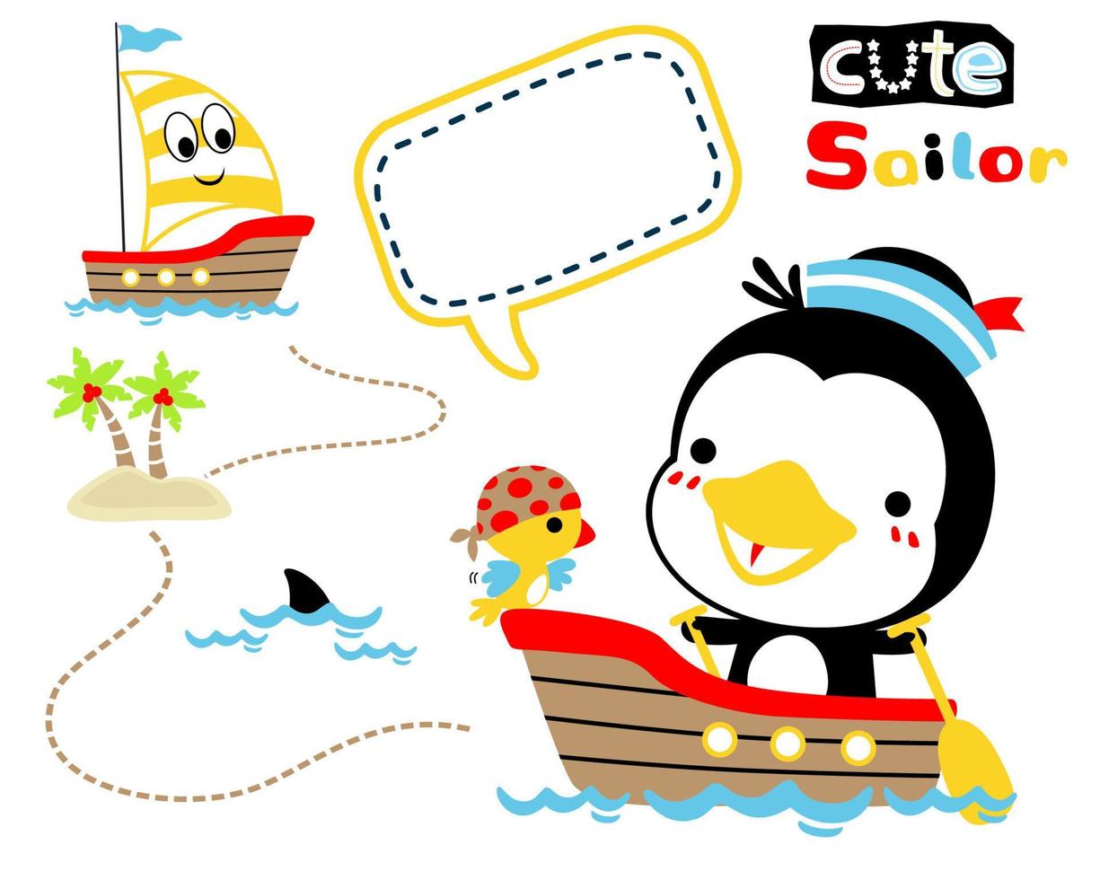 Funny birds wearing sailor hat on boat, sailing elements cartoon vector