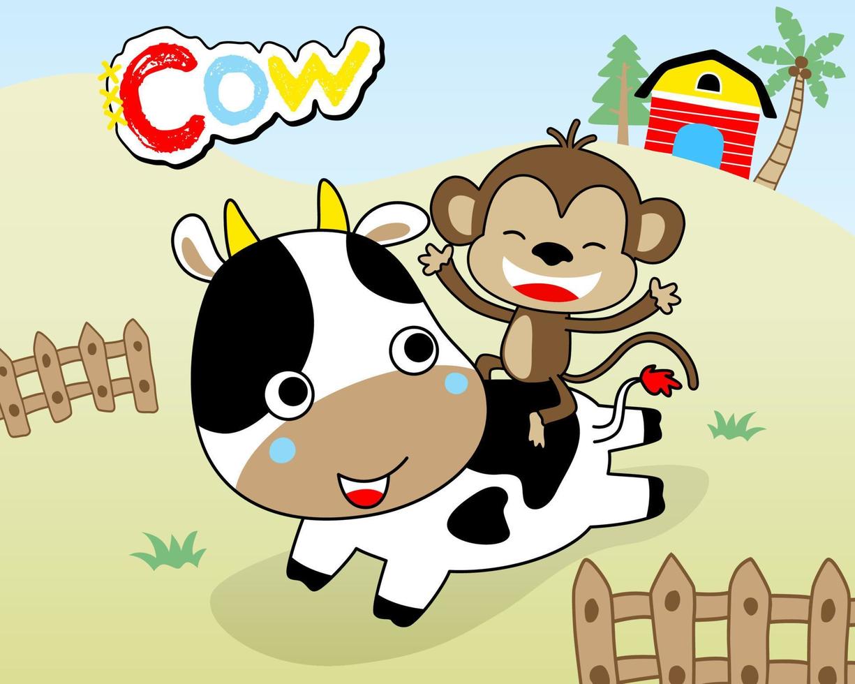 Vector cartoon of funny monkey riding on cows back in farmyard