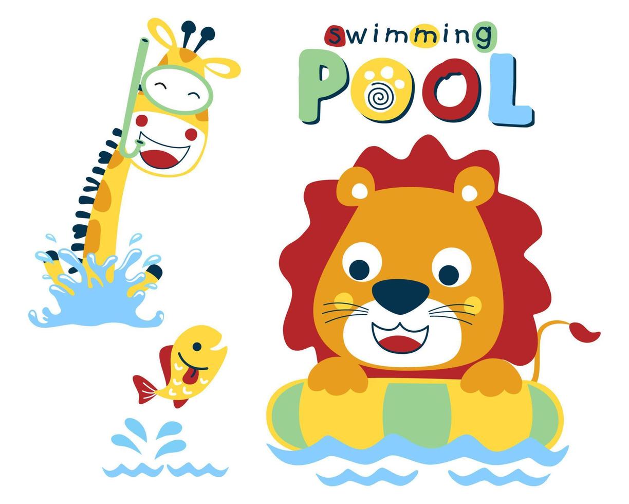 Vector illustration of funny animals swimming, lion on swim ring, giraffe wearing diving goggles, little fish jump out from water