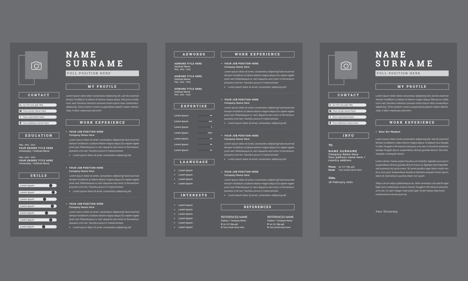 Black Modern Resume Design Template and Cover Letter Layout Set vector