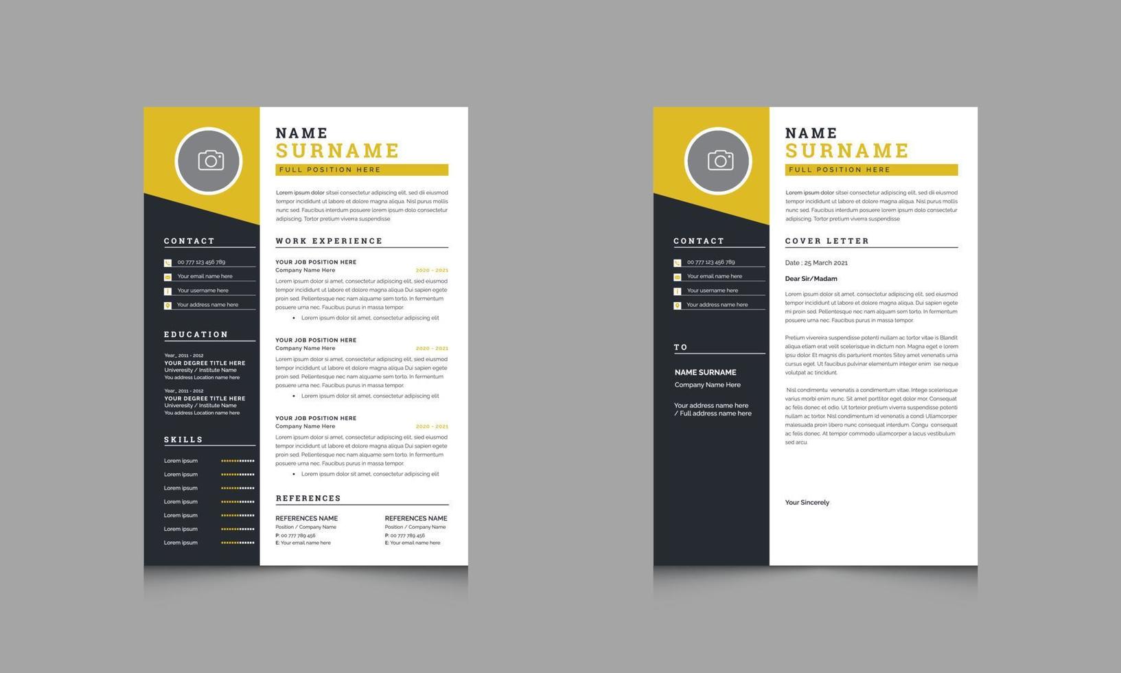 Personal Profile Resume Design Template Black and Yellow color Cv Layout vector