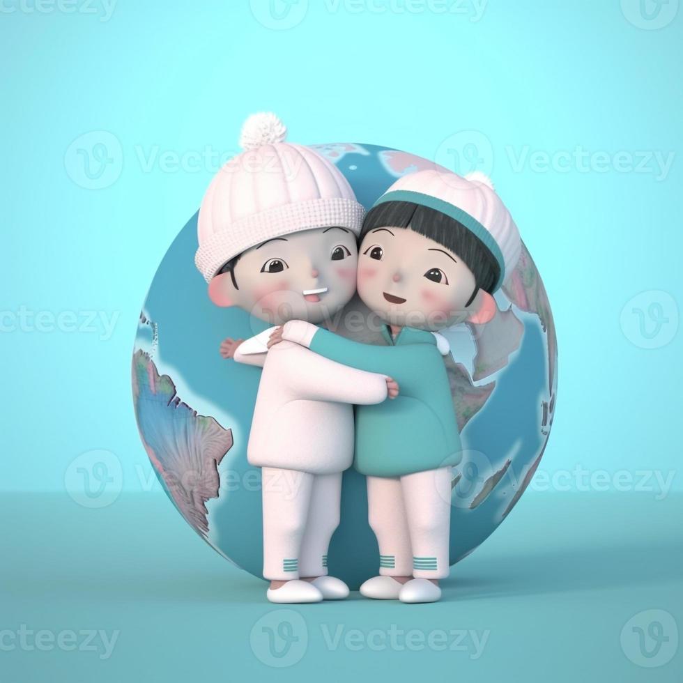 3D Render of a Kid with a Globe in a blue Background photo