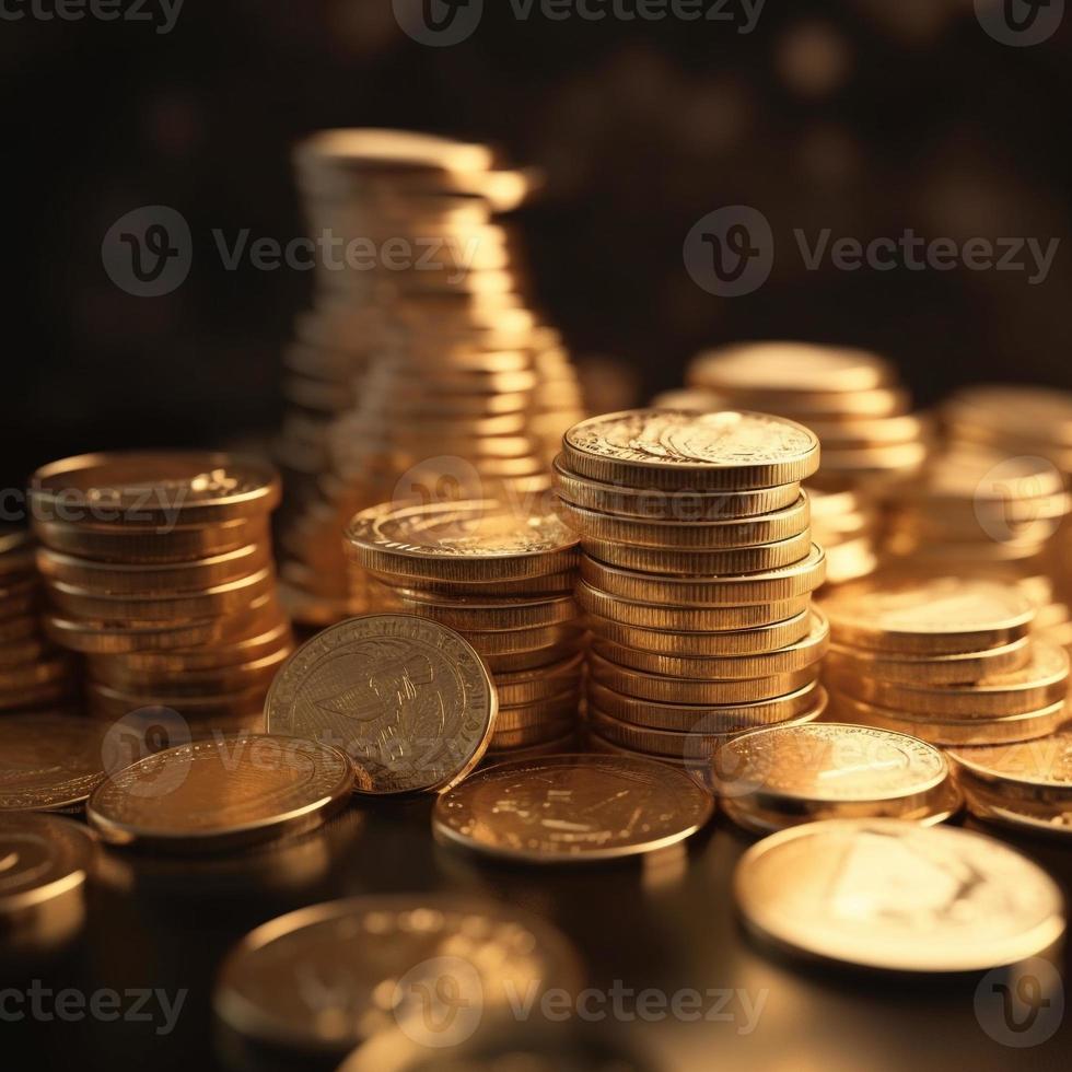 gold coins on a table with dark background AI photo