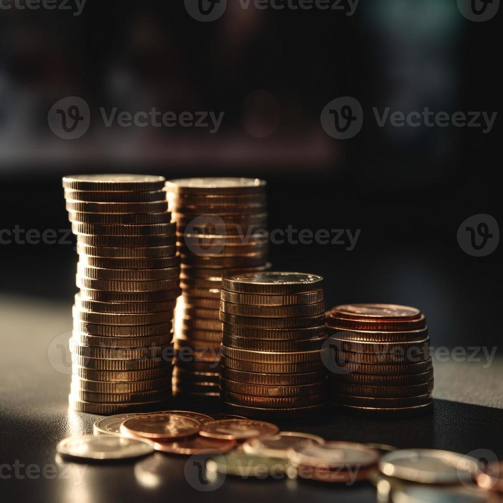 gold coins on a table with dark background AI photo