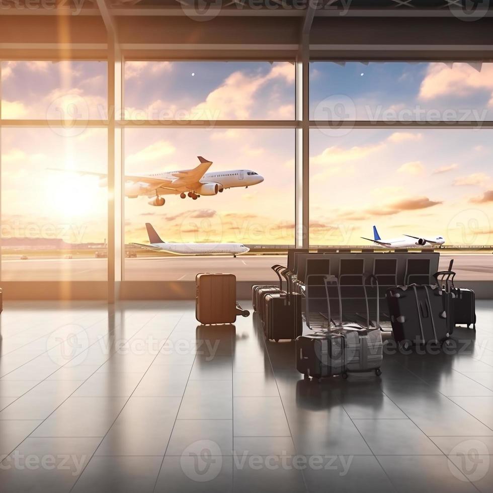 suitcase travel luggage in airport 3d render AI photo