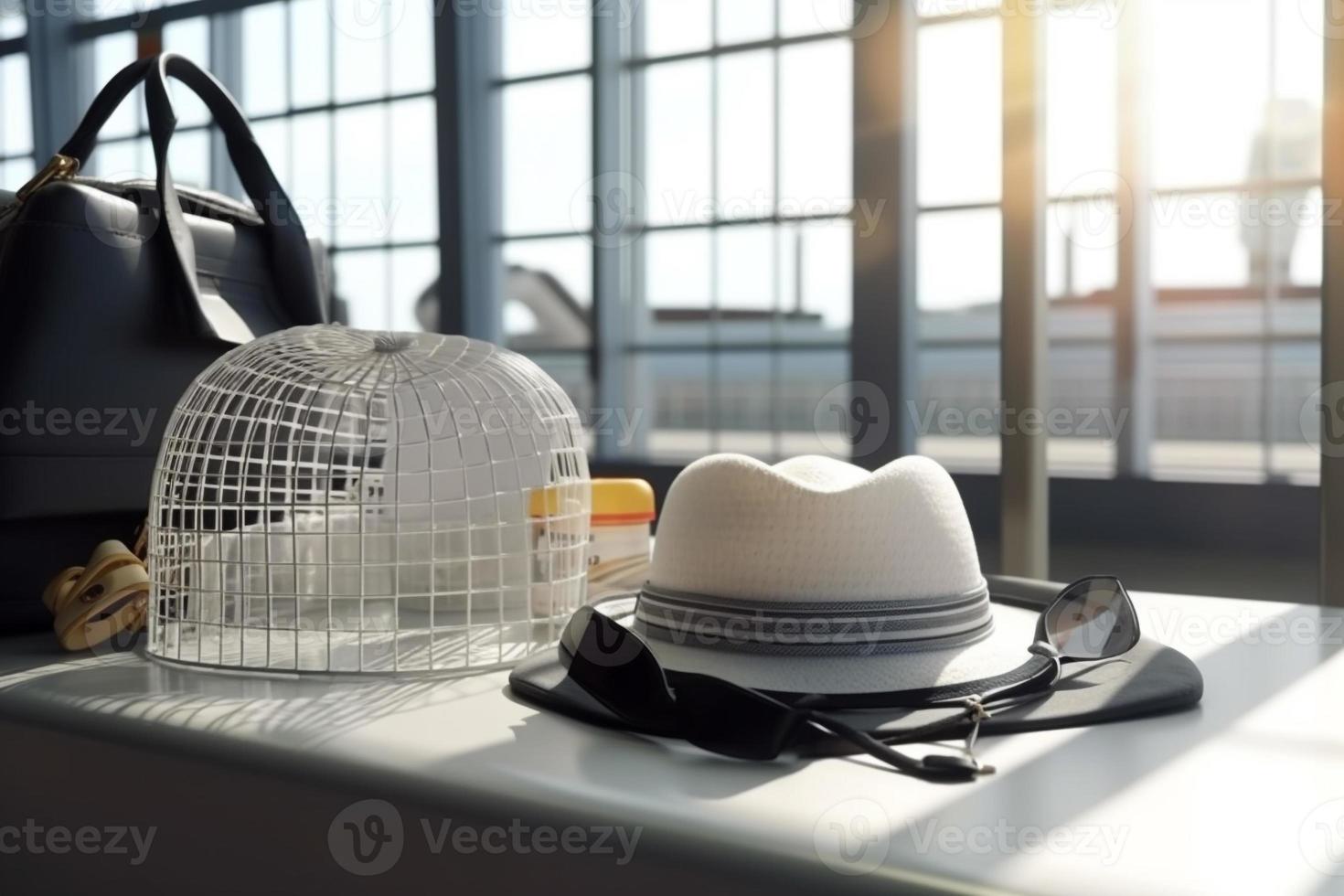suitcase travel luggage in airport 3d render AI photo