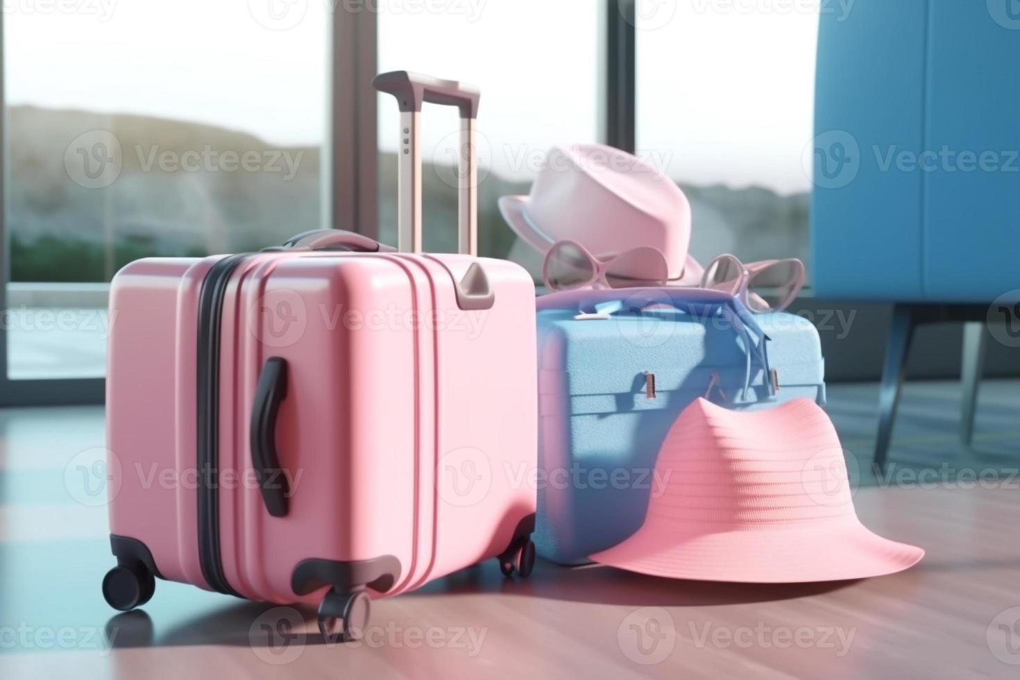 suitcase travel luggage in airport 3d render AI photo
