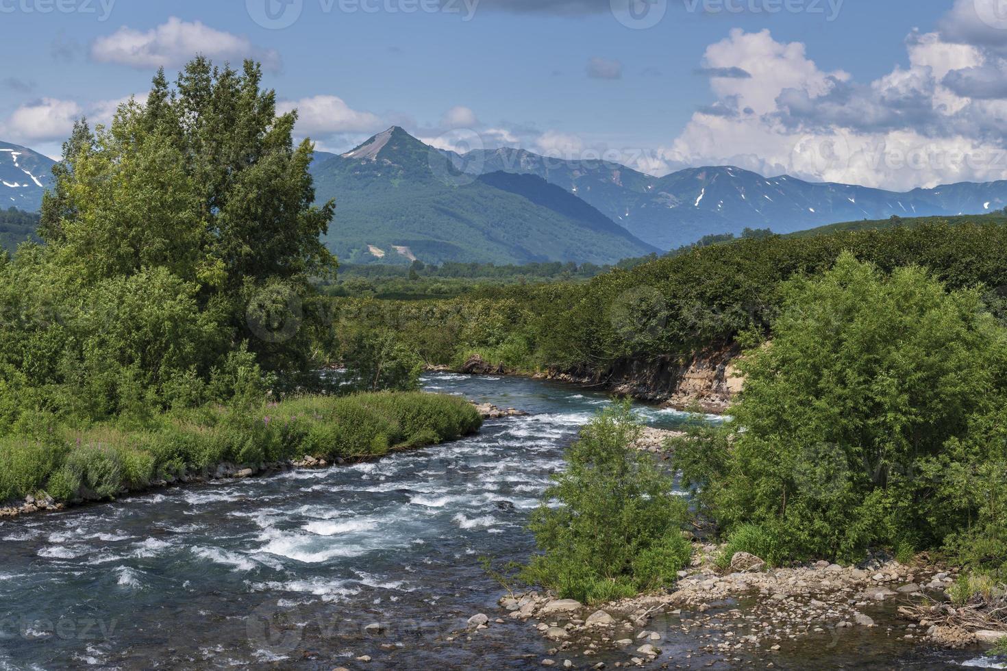 Stunning summer panorama landscape of mountain river in Kamchatka Peninsula photo