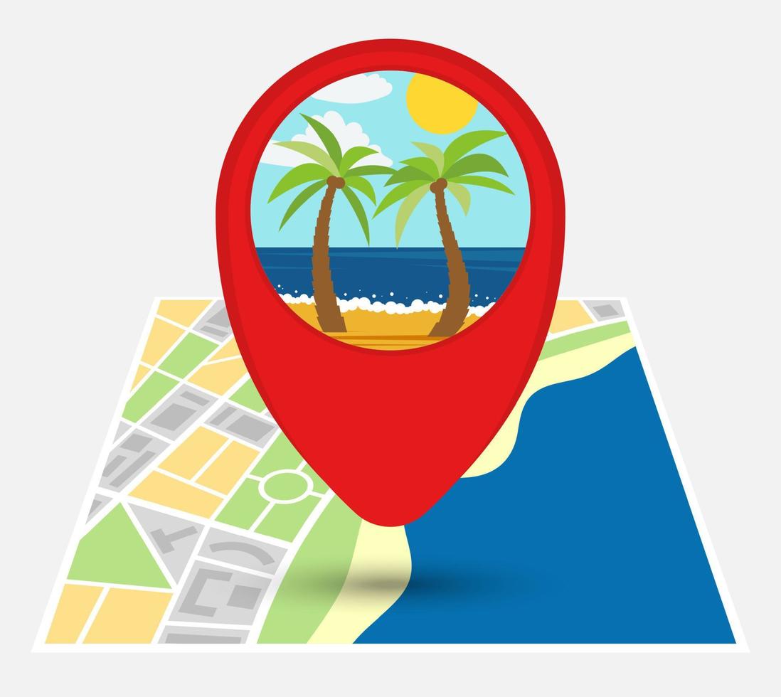 Map of an imaginary city with point on the map with sandy beach. Vector illustration.