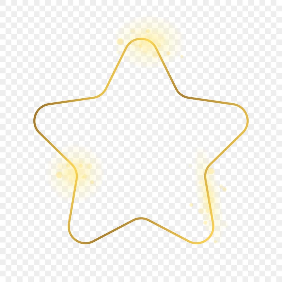 Gold glowing rounded star shape frame isolated on background. Shiny frame with glowing effects. Vector illustration.