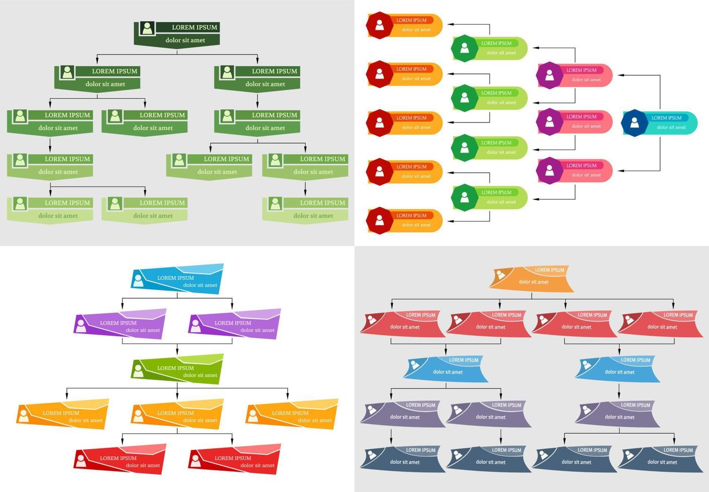 conjunto de cuatro vistoso negocio estructura concepto, corporativo organización gráfico esquema con personas iconos vector ilustración.