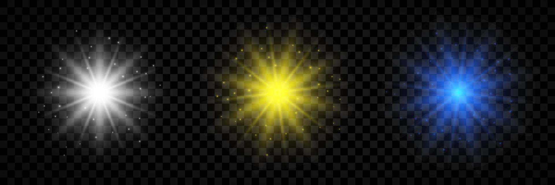 Light effect of lens flares. Set of three white, yellow and blue glowing lights starburst effects with sparkles vector