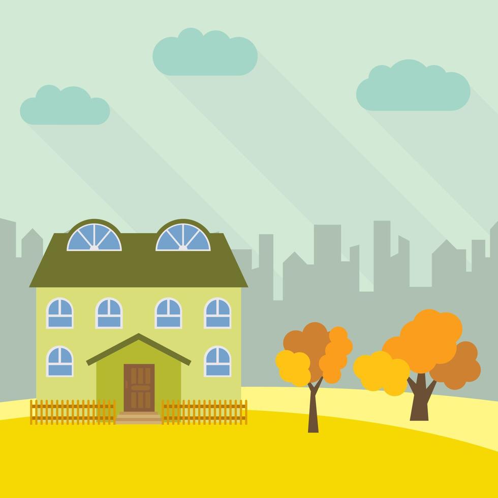 Lone two-storey house in a field with an yellow tree. Vector illustration.
