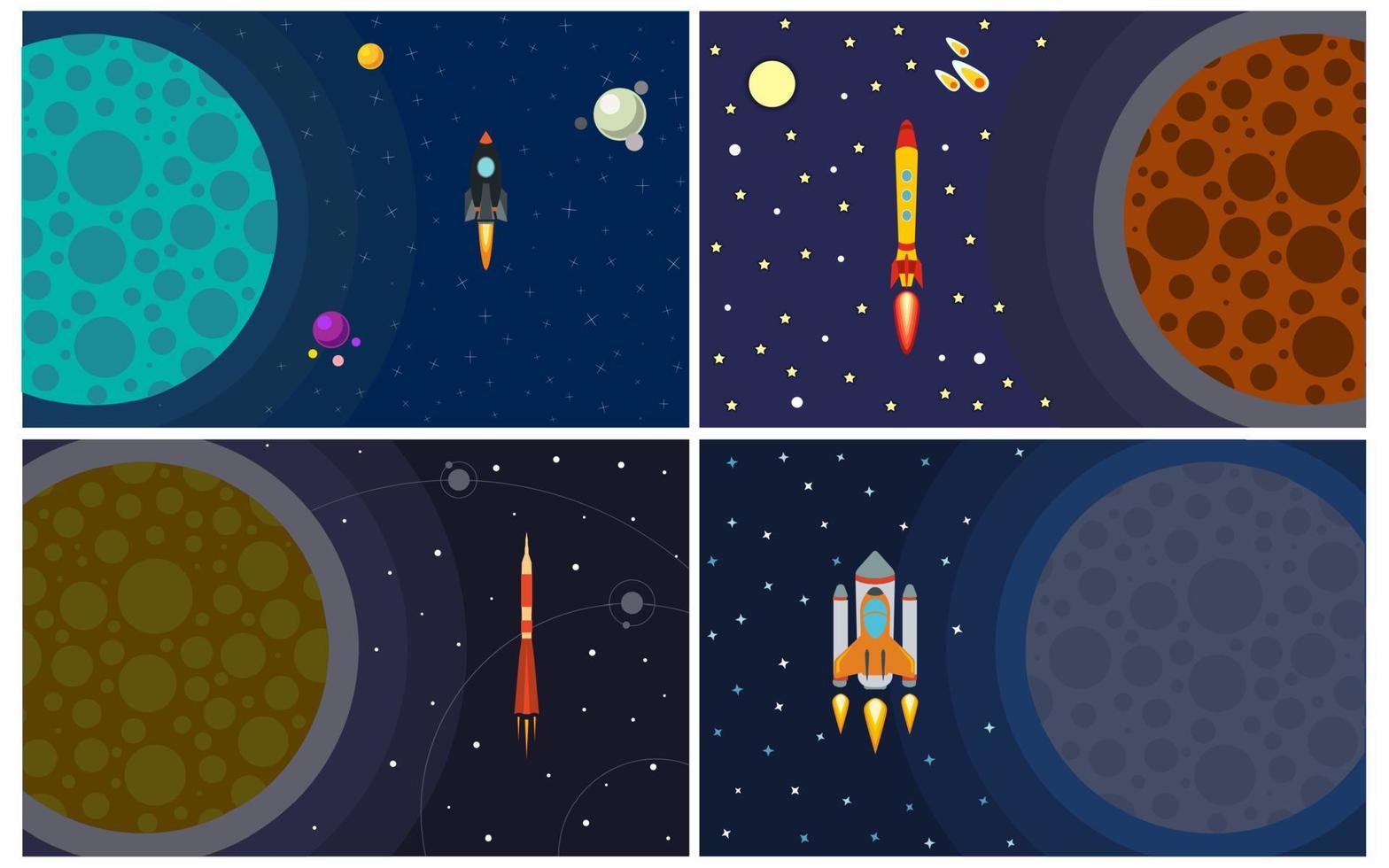 Set of four vector illustration with flying rocket. Space travel.