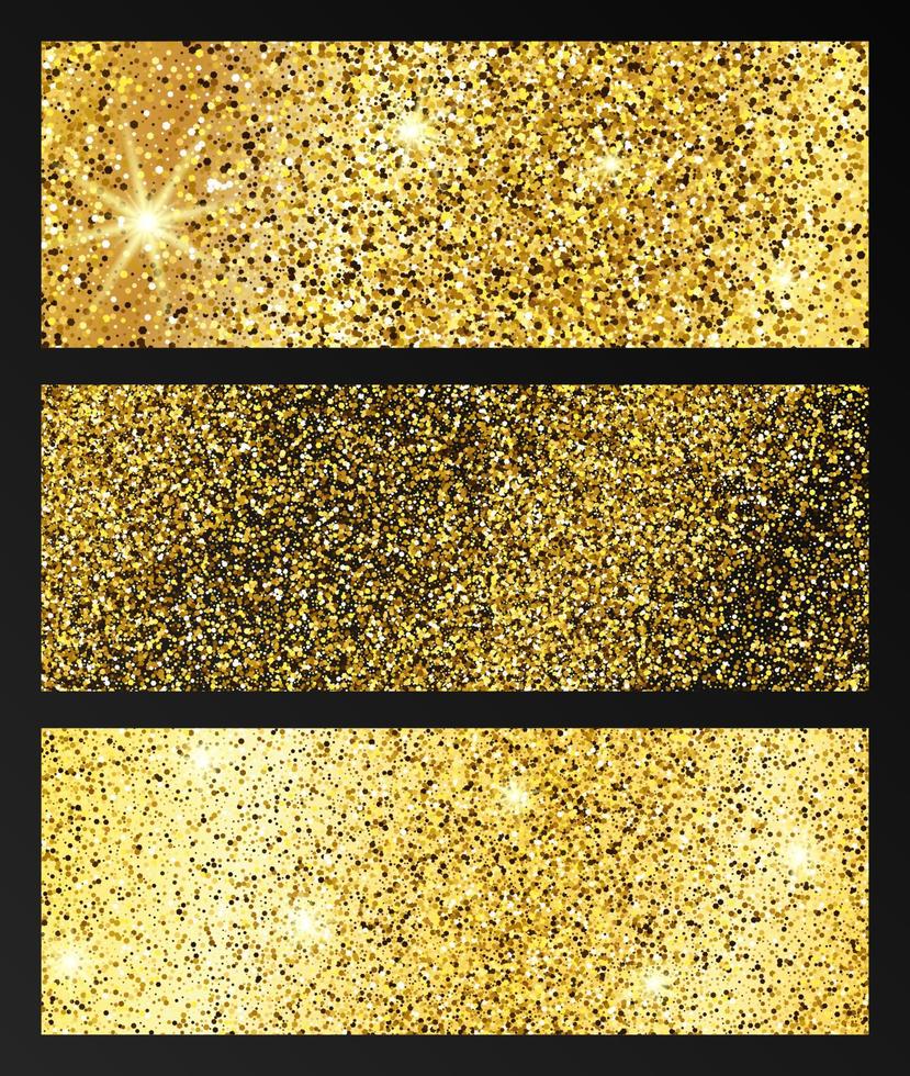 Set of three golden glittering backgrounds with gold sparkles and glitter effect. Banner design. Empty space for your text. Vector illustration