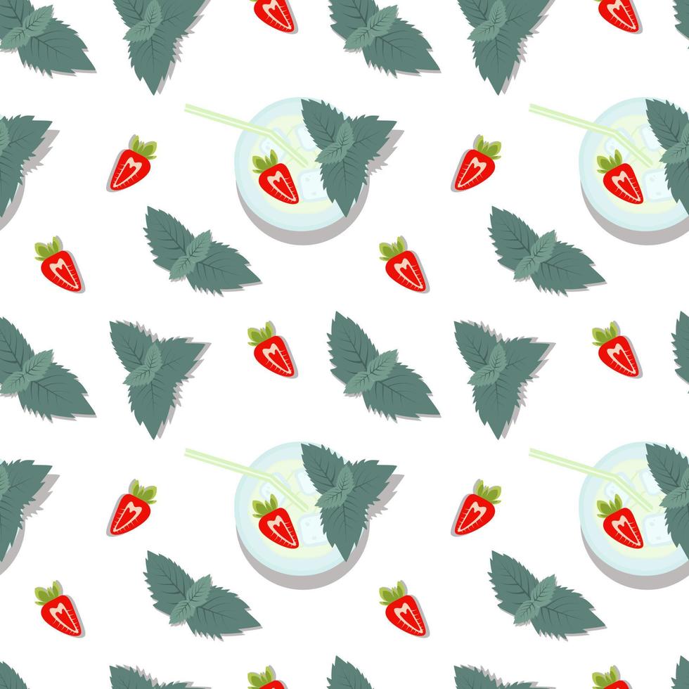 Seamless pattern of mojito cocktail with mint leaves in glass with straw and half a strawberry. EPS vector