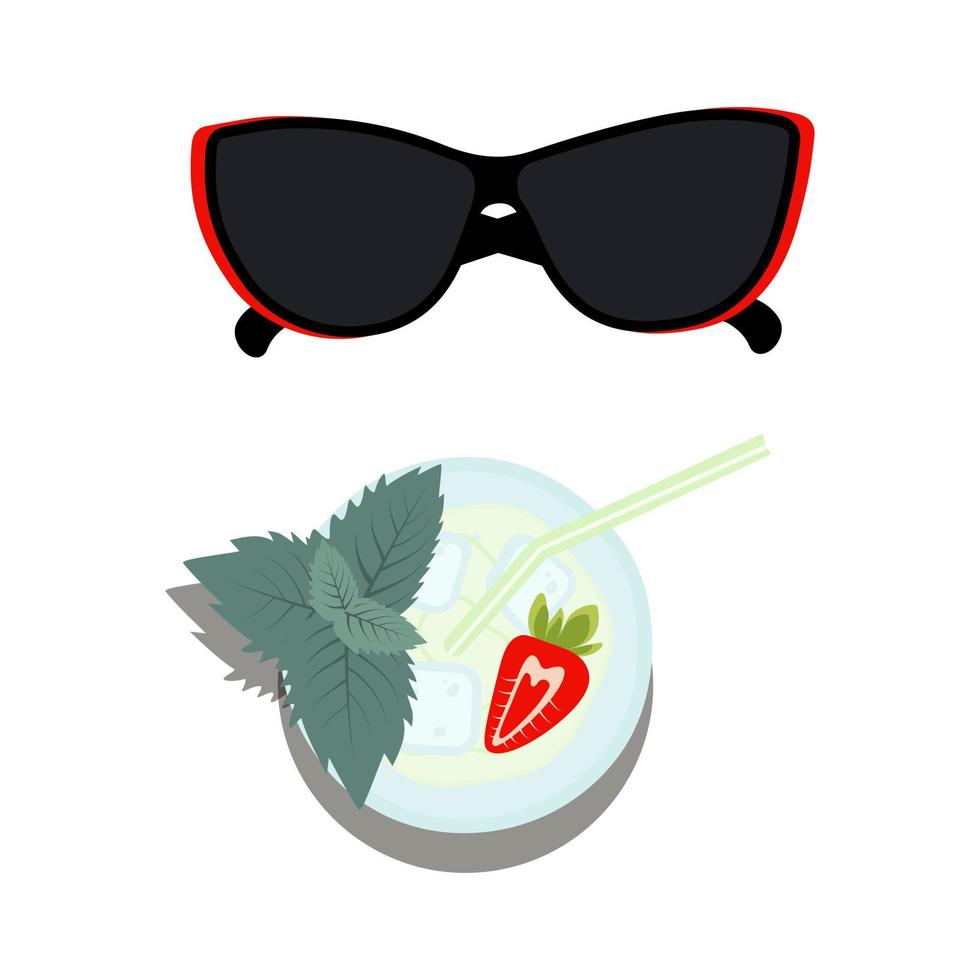Set of sunglasses, glass with mojito cocktail with strawberry, mint leaves, straw and ice cubes. EPS vector