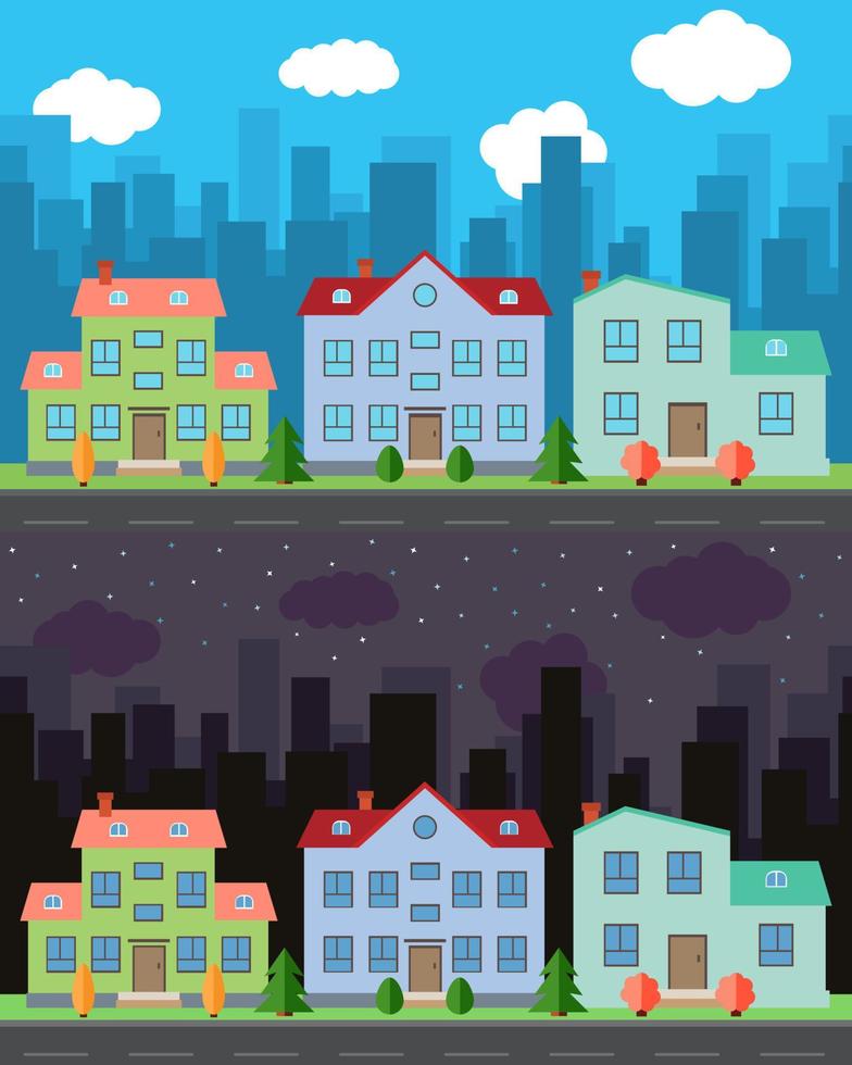 Vector city with cartoon houses and buildings in the day and night.Summer urban landscape. Street view with cityscape on a background