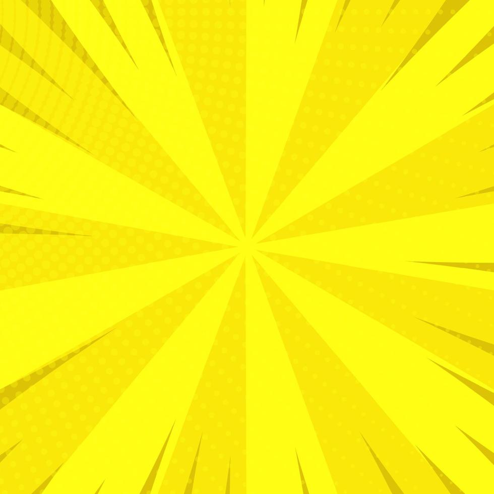 Yellow comic book page background in pop art style with empty space. Template with rays, dots and halftone effect texture. Vector illustration