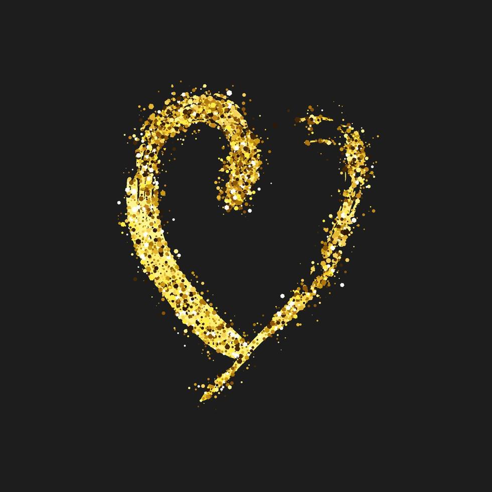 Gold glitter doodle heart on dark background. Gold grunge hand drawn heart. Romantic love symbol. Vector illustration.